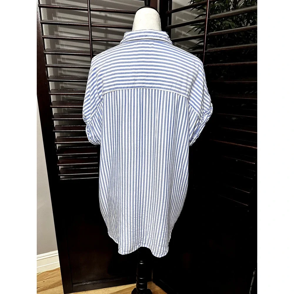 Beach Lunch Lounge Blue/White Stripped Button Down Cuffed Short Sleeves XL_5
